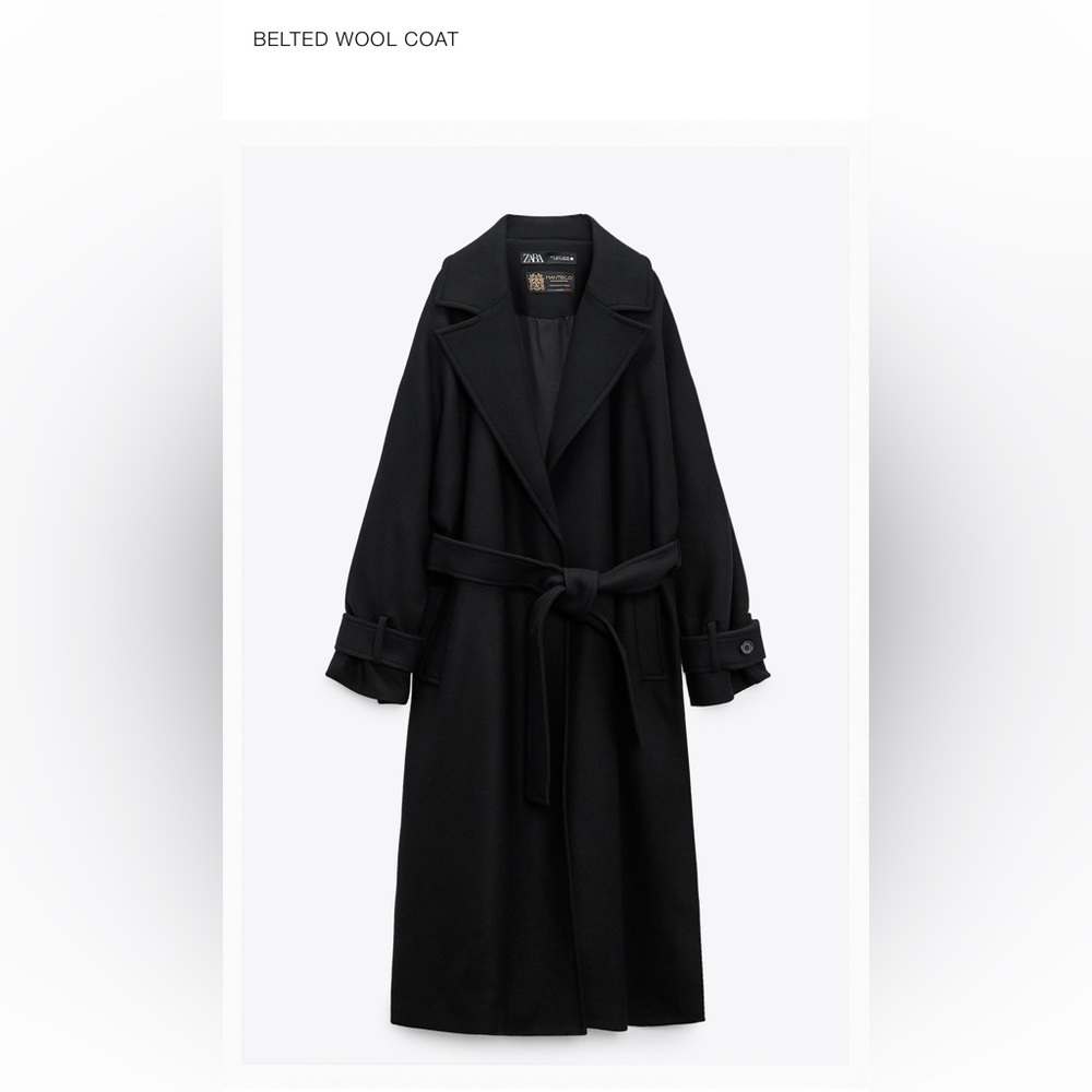 WORN ONCE - ZARA Black Belted Wool Tie-Waist Wool Coat